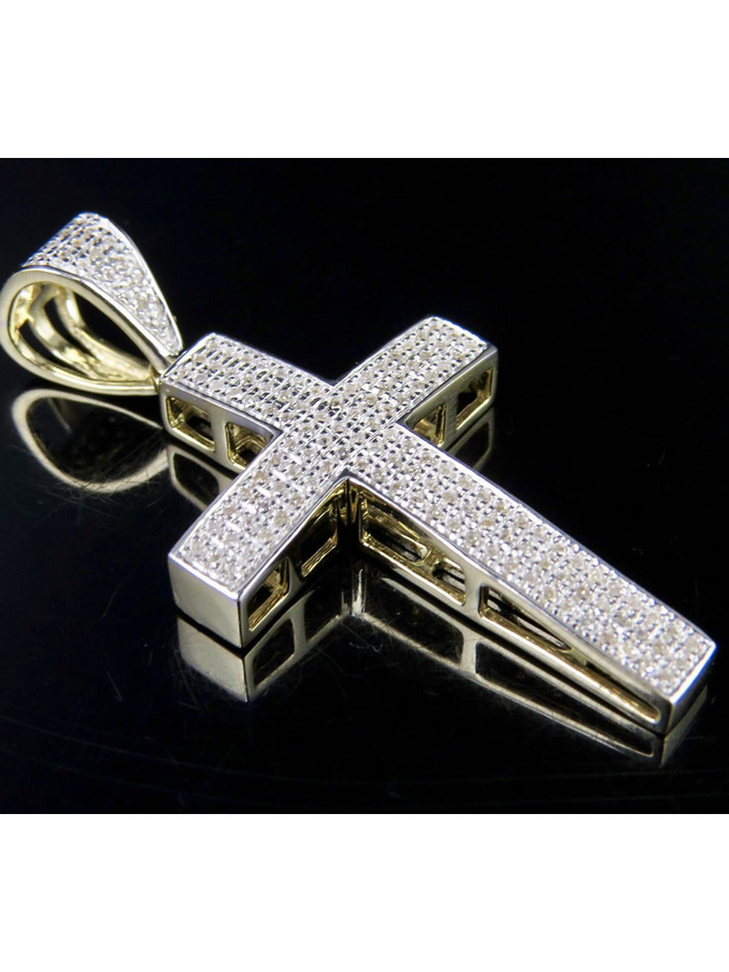 JEWELRY UNLIMITED Men's 10K Yellow Gold Real Diamond Dome Cross Pendant 0.3CT 1.5"