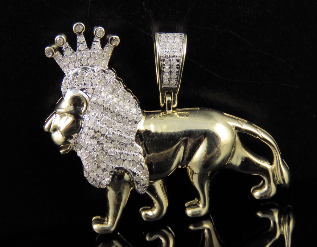 Men's 10K Yellow Gold Real Diamond Lion Pendant 0.51 CT 1.25"