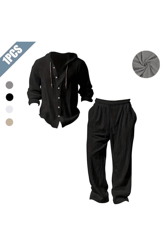 Men's 2-Piece Linen Outfit, Casual Hooded Button-Up Shirt and Drawstring Pants Set