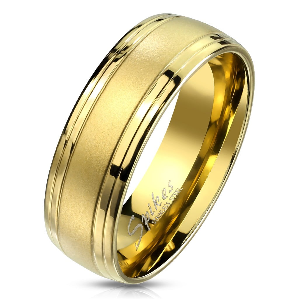 Men's 14K Gold IP Brushed Center and Double Grooved Lines Stainless ...
