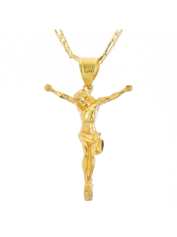 Men's 14K Gold Plated Hip Hop Open Arm Jesus 24 inch Figaro Chain Pendant Necklace KC 7260G