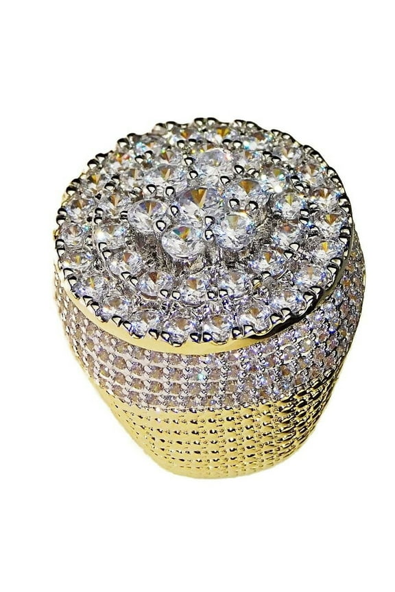 Men's 14K Gold Plated Two-Tone Huge Flower Cluster Round Ring 27MM Micro Pave Hip Hop Iced CZ Pinky Finger Bling Size 11