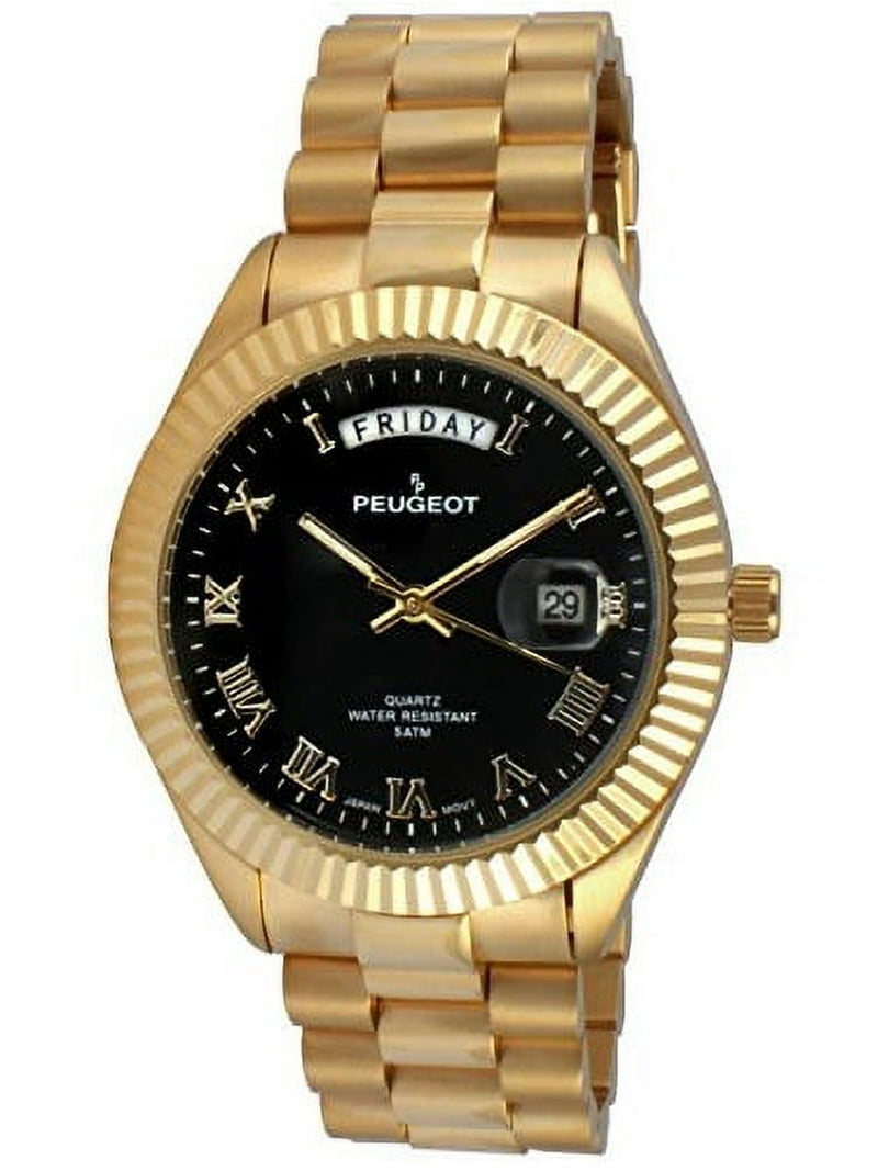 Men's '14K All Plated Day Date Roman Numeral Big Black Face Fluted