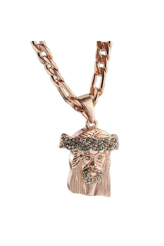 Men's 14K Rose Gold Finish Iced Jesus Head Hip Hop Chain Figaro Link Necklace 24"