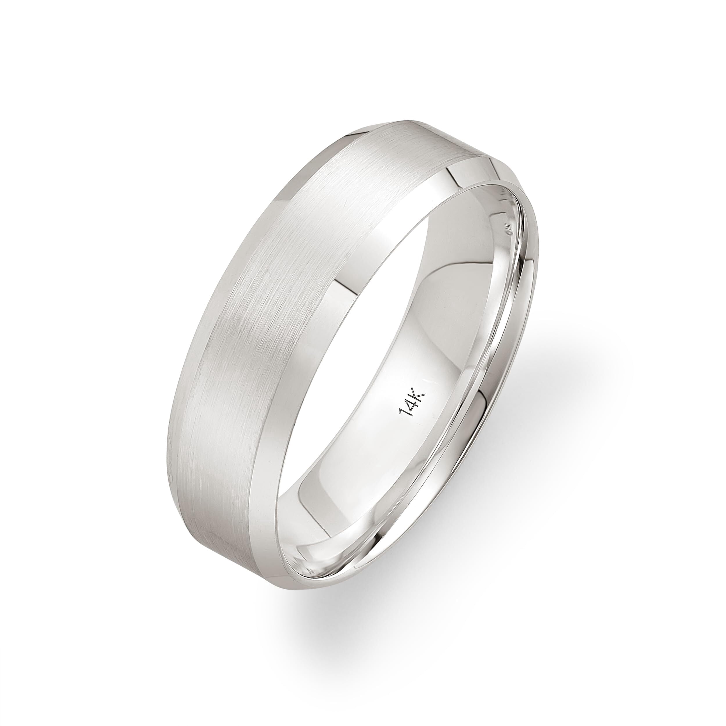 Men's 14K Solid Gold Wedding Band, 6mm, Beveled Edge, Satin Finish, Comfort Fit Ring, 14K White Gold (Stamped for Authenticity), Size 13.5