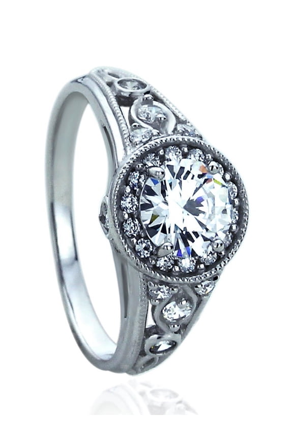 Men's 14K White Gold 1 Carat Round CZ Art Deco Design Halo Wedding Engagement Ring