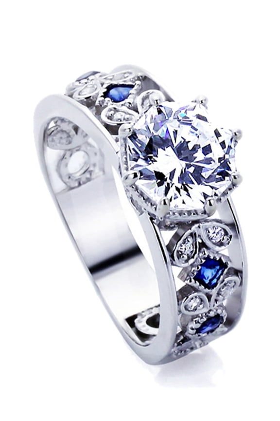 Men's 14K White Gold 2 Carat Octagon CZ Simulated Blue Sapphire CZ Accent Wedding Engagement Ring