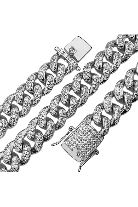 Men's 14K White Gold Plated Choker CZ Bling Micro Pave Heavy Hip Hop Cuban Chain 18" x 12MM Necklace