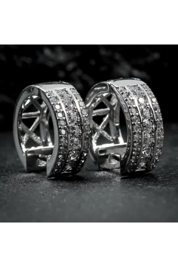 Men's 14K White Gold Plated Sterling Silver Huggie Hoop Earrings with Cubic Zirconia Hypoallergenic & Stylish