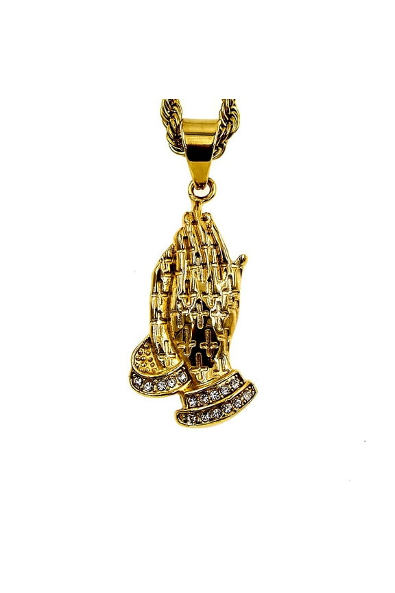 Men's 14K Yellow Gold Jesus Prayer Cross Pendant Necklace with rhinestone Gold-Color Hiphop Praying Hands Pendant