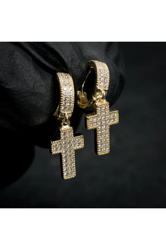 Men's 14K Yellow Gold Plated 3Ct Round Cut Simulated Diamond Hanging Cross Dangle Hoop Earrings