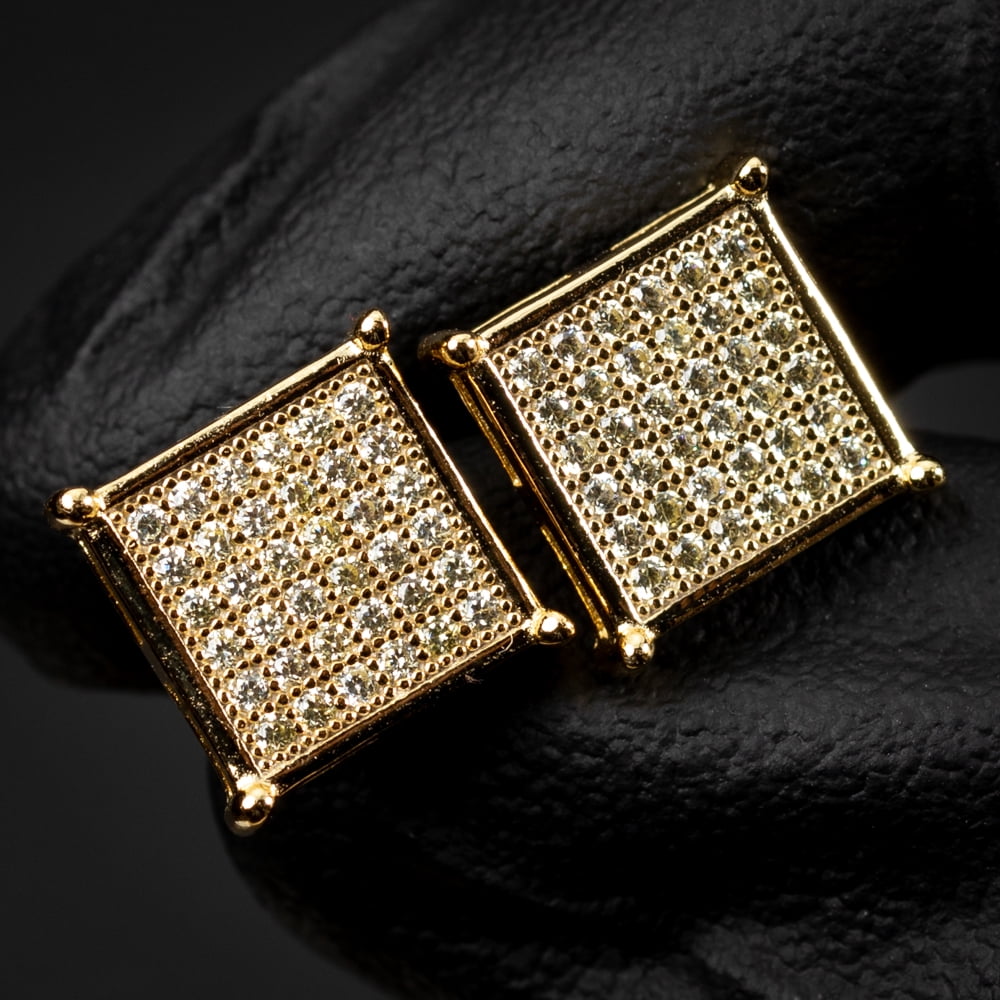 Men's 14K Yellow Gold Plated 925 Sterling Silver Canary Yellow 5A Cz Cubic Zirconia Hypoallergenic Square Flat Screen Iced Hip Hop Micro Pave Ice Out Stud 10mm Screw Back Earrings For Men