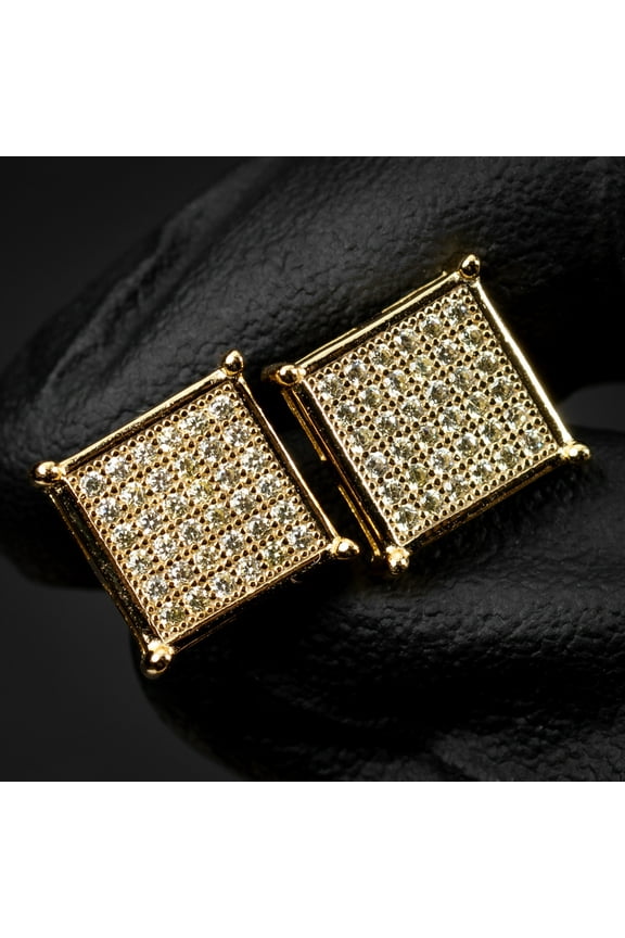 Men's 14K Yellow Gold Plated 925 Sterling Silver Canary Yellow 5A Cz Cubic Zirconia Hypoallergenic Square Flat Screen Iced Hip Hop Micro Pave Ice Out Stud 10mm Screw Back Earrings For Men