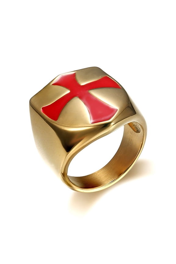 Men's 14K Yellow Gold Rings Knight Red Cross Templar Ring biker Crusader Cross masonic Shield Band