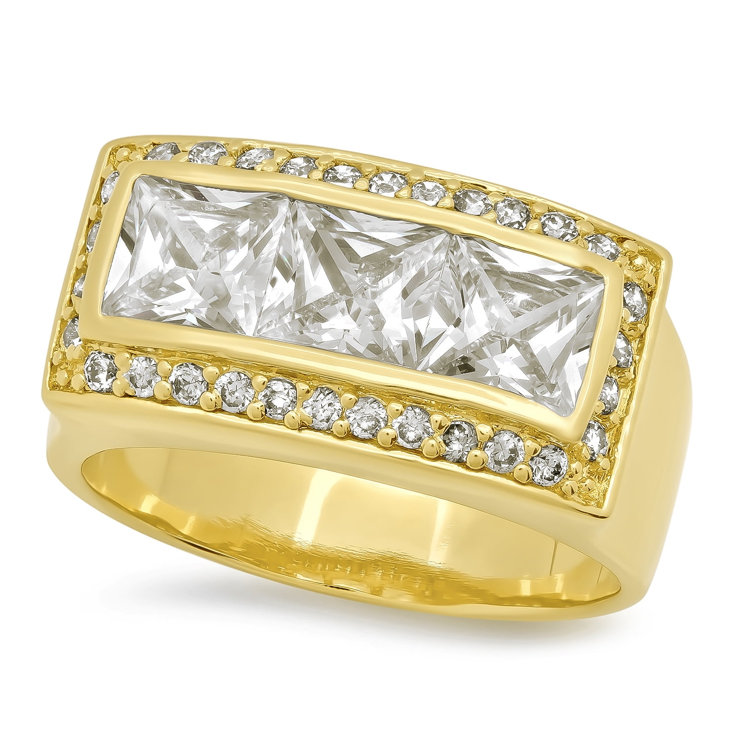 Men's 14k Gold Plated Channel Set Princess Cut Bling Cubic Zirconia