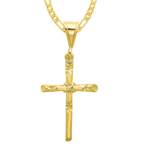 Men's 14k Gold Heavy Plated Diamond-Cut Rope Axis Cross Pendant + 20 inch 2.4mm Figaro Chain Necklace Set