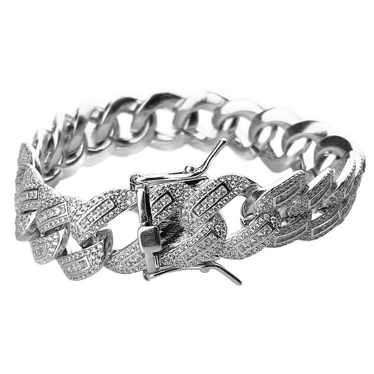 Men's 14k White Gold Plated Cuban Bracelet Iced Baguettes Men's 14k White Gold Plated Cuban Bracelet Iced Baguettes