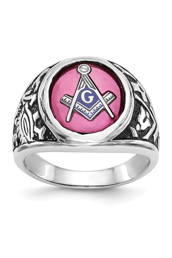 Men's 14k White Gold Synthetic Ruby Masonic Ring Fine Jewelry For Men Gifts For Him, Size 10