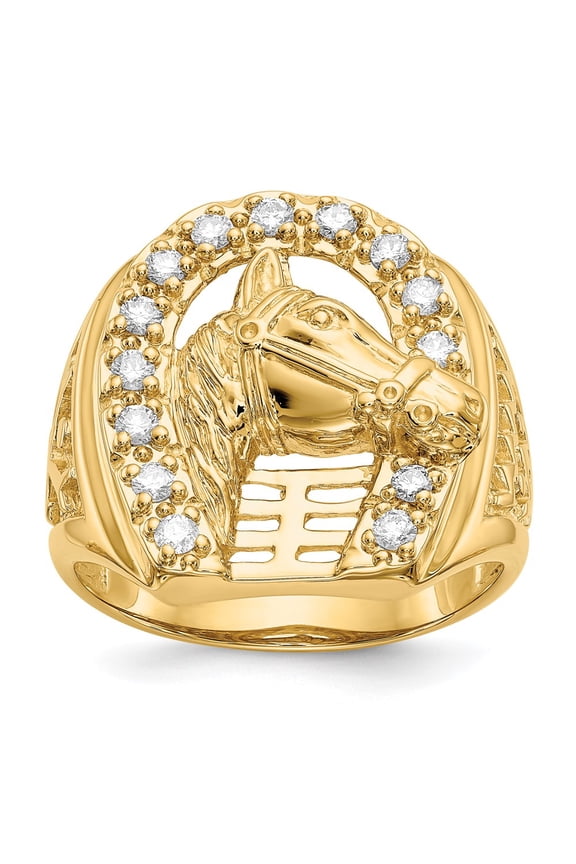 Men's 14k Yellow Gold Diamond Horseshoe with Horse in Center Ring Fine Jewelry For Men Gifts For Him, Size 10