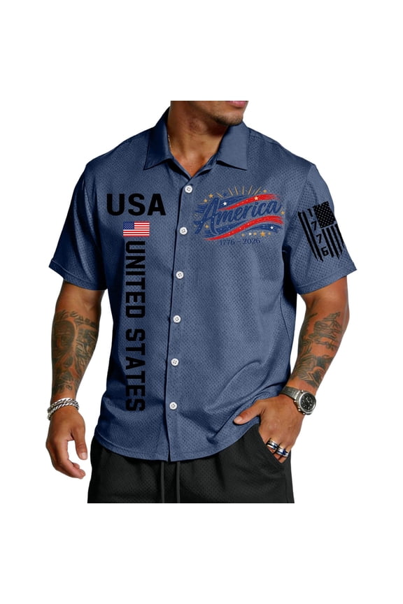 Men's 1776 To 2026 Patriotic Hawaiian Shirt Button Down Short Sleeve Shirts American Flag Printed 4th Of July Patriotic Shirts for Memorial Day Independence Day Beach Party Wear,Blue 2XL