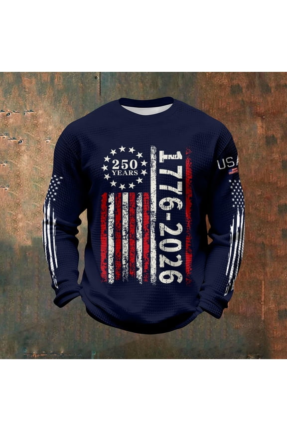 Men's 1776-2026 Patriotic Knit Long Sleeve T Shirts USA Flag Graphic Casual Comfortable Tees Independence Day Anniversary Tops,Navy,L