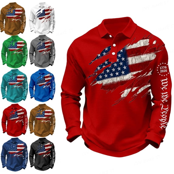 Men's 1776 Flag Faith Cross Printed Long-Sleeved Polo Sweatshirt Waffle Knit Button Polo Shirt 250th Anniversary 1776-2026 Casual Golf Shirt American Falg Patriotic Shirt,Gray XL