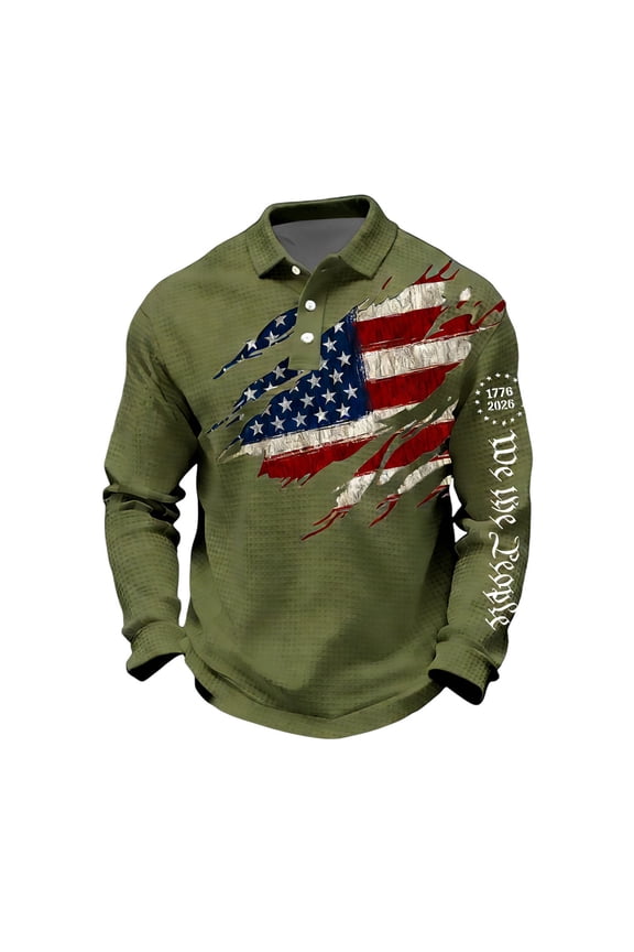 Men's 1776 Golf Polo SweatshirtsUSA Flag Faith Cross Print Waffle Long Sleeve Button Collar Patriotic Casual Tops 2026 Army Green 5XL