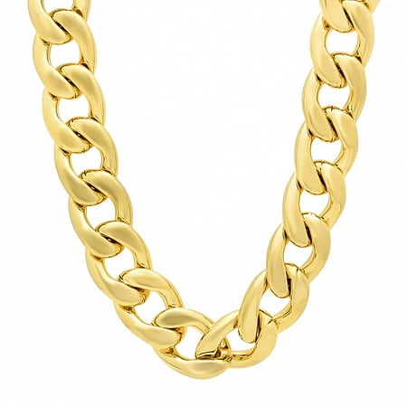 Men's 18.5mm Large 14k Yellow Gold Plated Flat Cuban Link Curb Chain Necklace, 36 inches