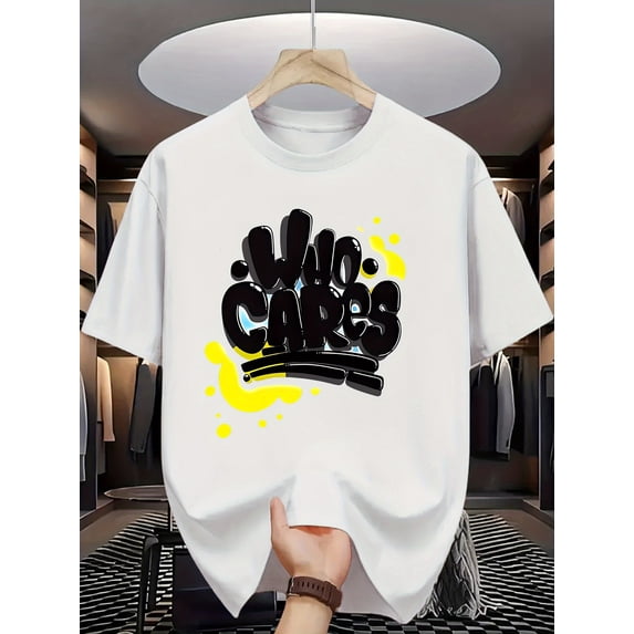Men's 180G Pure Cotton Graphic T-Shirt - "WILL CARES" Letter Print, Round Neck, Short Sleeve, Black with Yellow & Blue Accents, Casual Summer Tee for Daily Wear, Travel Friendly Top