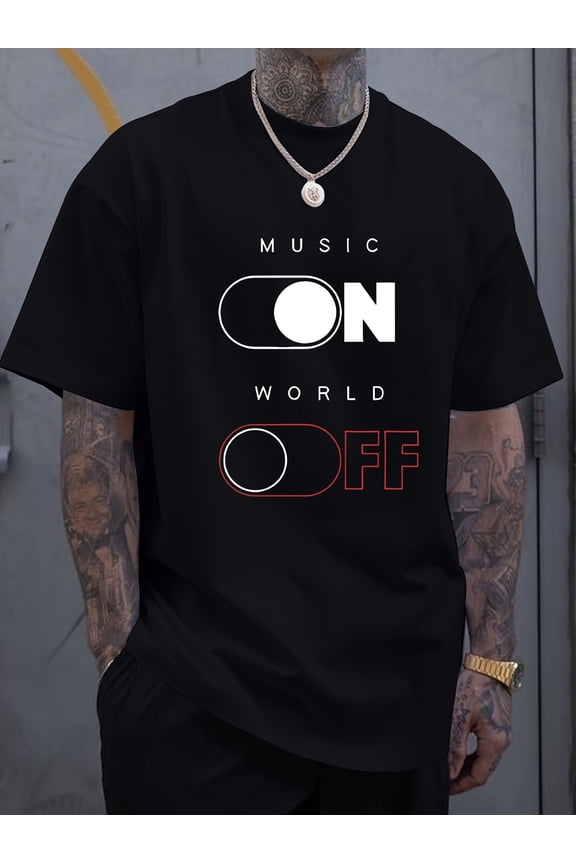 Men's 180G Pure Cotton Music Switch Graphic T-Shirt - Black Short Sleeve Crew Neck Tee with "MUSIC ON" Print, Breathable & Comfortable for Casual Attire, Travel Friendly Top