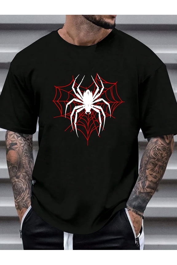 Men's 180g Heavyweight 100% Cotton T-Shirt with Red Spider Web & Black Spider Graphic Print - Casual Round Neck Short Sleeve Summer Tee for Halloween, Themed Events & Casual Attire