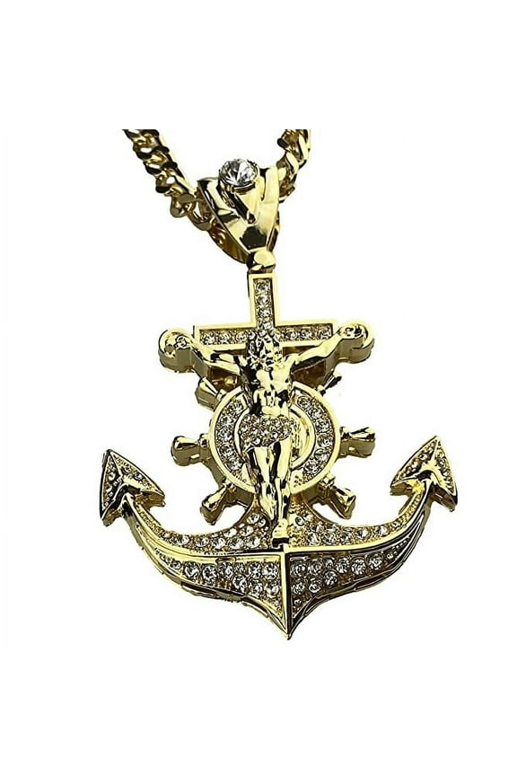 Men's 18K Gold Plated Huge Mariners Cross Anchor Jesus Pendant Hip Hop Chain 30" inch Cuban Necklace