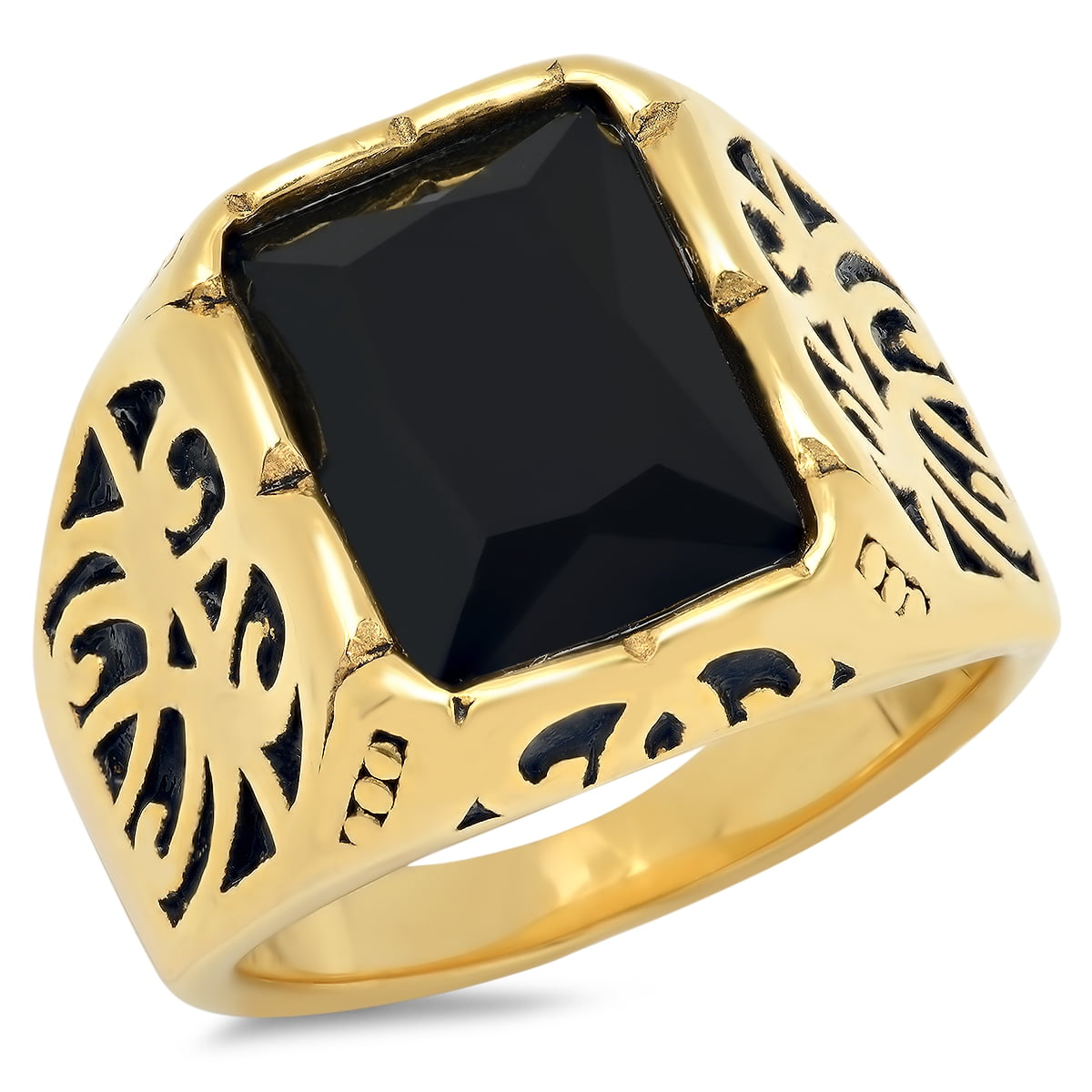 Men's 18K Gold Plated Stainless Steel Gothic Style Ring With Black Simulated Diamond