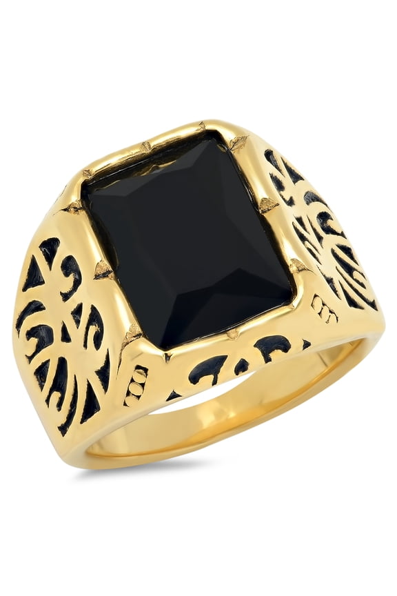 Men's 18K Gold Plated Stainless Steel Gothic Style Ring With Black Simulated Diamond