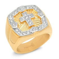 Men's 18K Gold Plated Stainless Steel Simulated Diamond Border Cross Ring