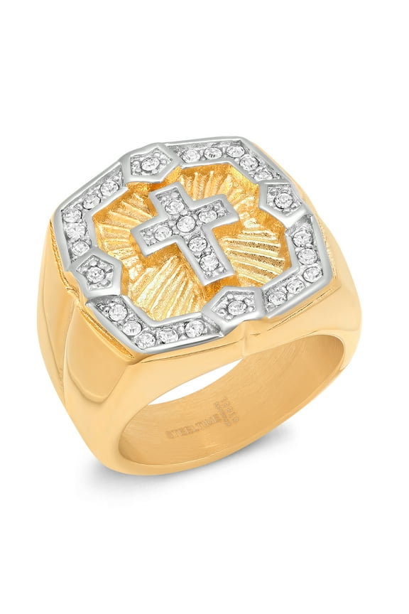 Men's 18K Gold Plated Stainless Steel Simulated Diamond Border Cross Ring