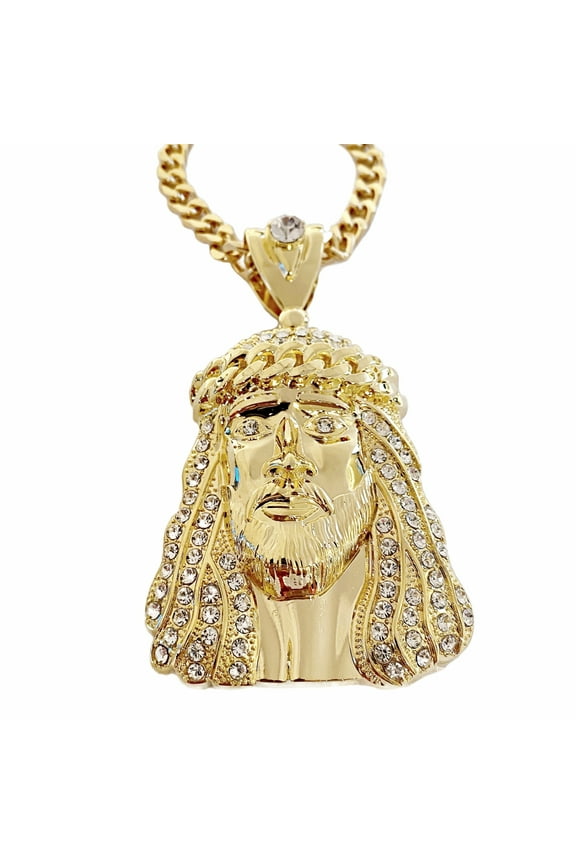 Men's 18k Gold Plated Huge Jesus Head Crown Cuban Link Hip Hop Chain Necklace 30"