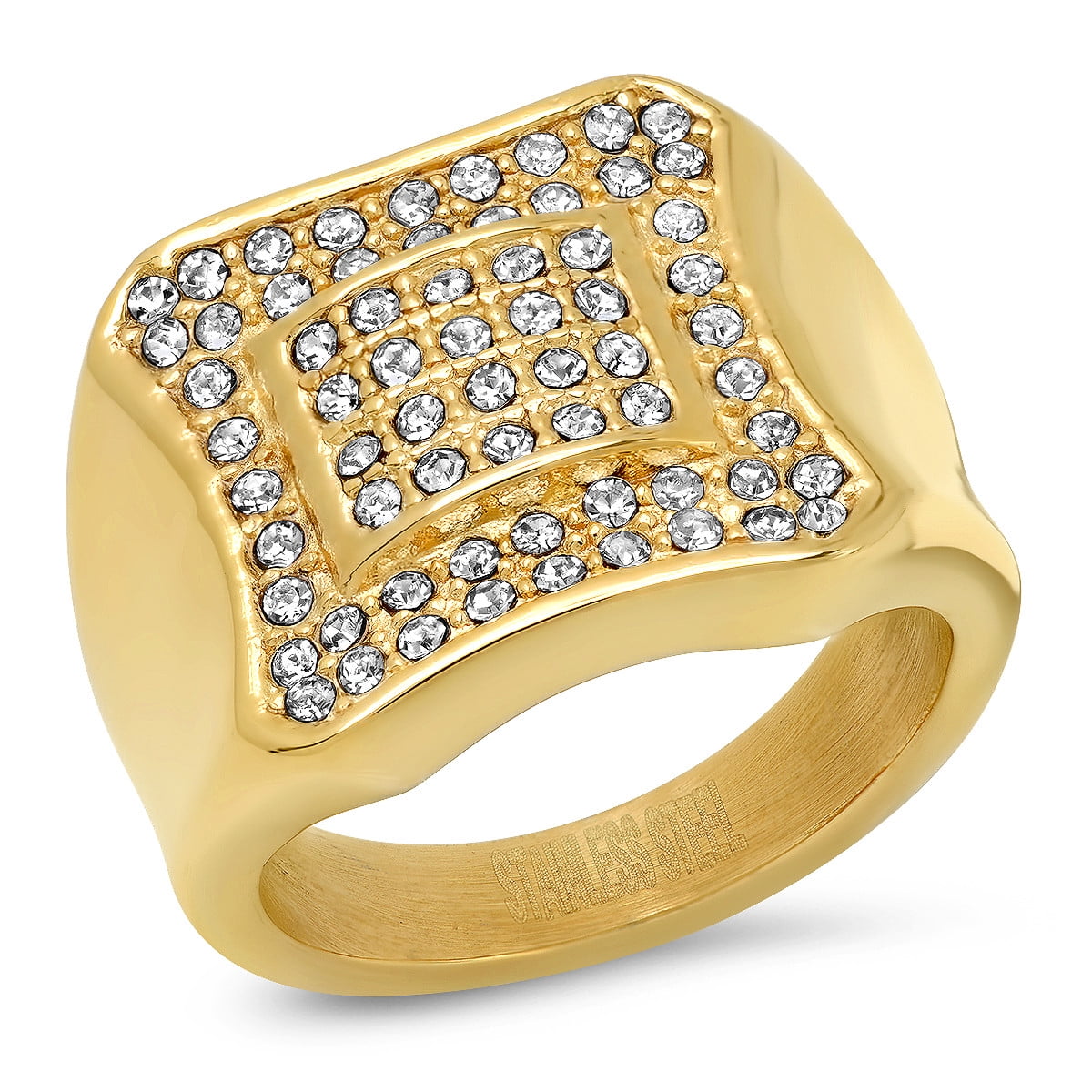 Men's 18k Gold Plated Stainless Steel Ring with Simulated Diamonds
