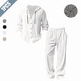thumbnail image 1 of Men's 2-Piece Linen Outfit, Casual Hooded Button-Up Shirt and Drawstring Pants Set, 1 of 5