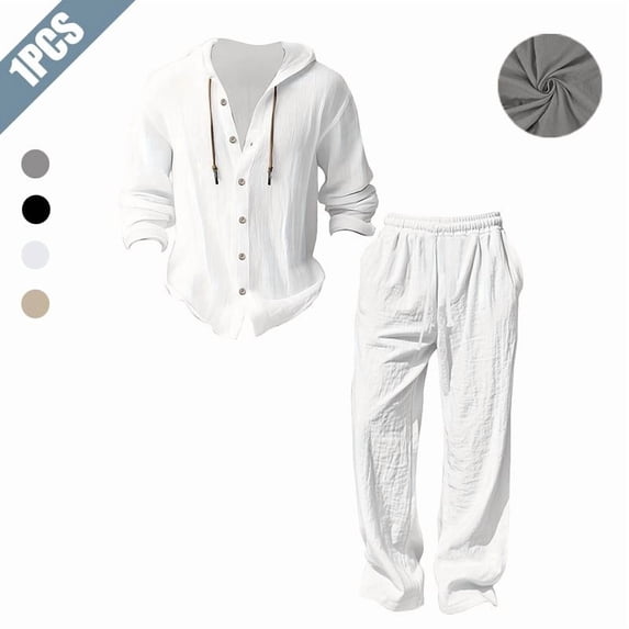 Men's 2-Piece Linen Outfit, Casual Hooded Button-Up Shirt and Drawstring Pants Set