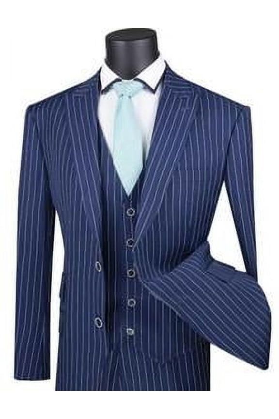 Men's 1920s Blue Vintage Stripe Suit with Vest Vinci V2RS-9
