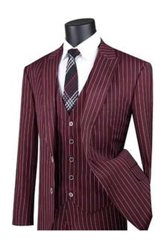 Men's 1920s Burgundy Gangster Stripe Suit with Vest Vinci V2RS-9