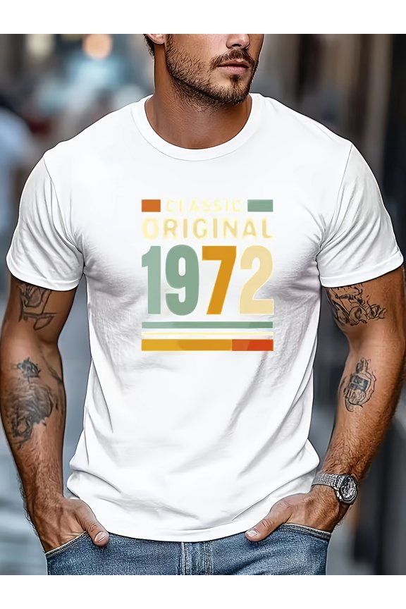 Men's 1972 Vintage Short Sleeve T-Shirt - Soft Round Neck Casual Tee with Classic 1972 Print, Solid Color Base & Digital Technology Design (Machine Washable) - Retro Style for Casual Attire