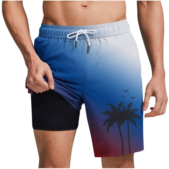 Men's 2 in 1 Swim Trunks with Anti-Chafe Compression Liner 9" Inseam Quick Dry Stretch Performance Board Shorts, Above Knee Length Beach Short Pants with Pockets for Surfing