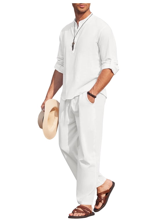 Men's 2 PC Cotton Linen Long Sleeve Henley Shirts & Beach Pants White 3XL