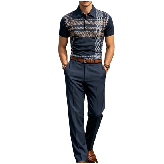 Men's 2 PC Set Geometric Print Quarter Button Shirt and Dress Pants Business Casual Summer Outfit Sets Navy XL