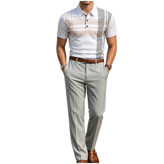 Men's 2 PC Set Geometric Print Quarter Button Shirt and Dress Pants Business Casual Summer Outfit Sets White S