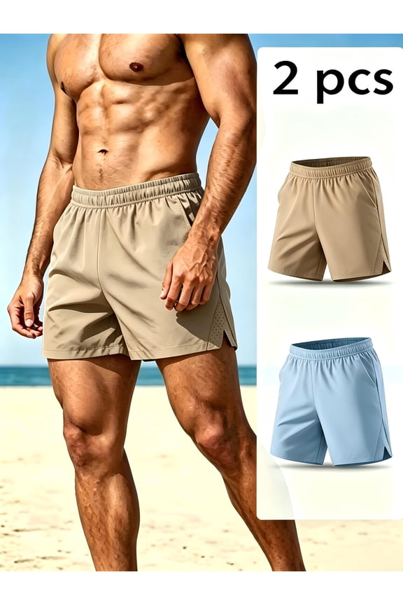 Men's 2-Pack Athletic Shorts – Loose-Fit Beach Shorts with Breathable Mesh Lining and Side Pockets; Suitable for Surfing, Swimming, Fitness, Beach Workouts, Outdoor Activities, and Casual Wear.
