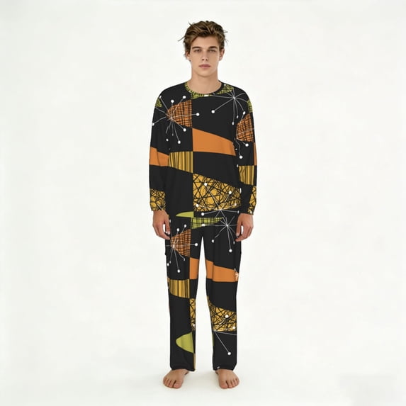 Men's 2 Pack Pajama Set Long Sleeve Sleepwear Soft Loungewear Pjs Sets, Atomic Age Geometric Mid Century