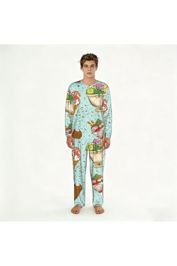 Men's 2 Pack Pajama Set Long Sleeve Sleepwear Soft Loungewear Pjs Sets, Icecream Ice Cream Sweet